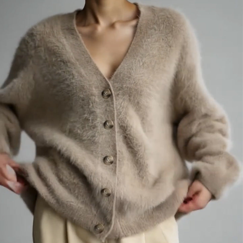 Women's Fluffy Cardigan with Large Buttons