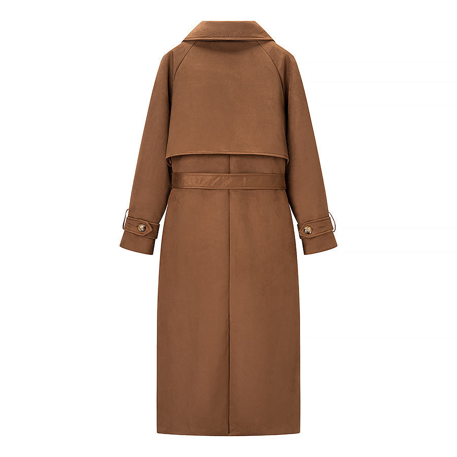 Elegant Faux Leather Trench Coat with Adjustable Belt and Practical Pockets
