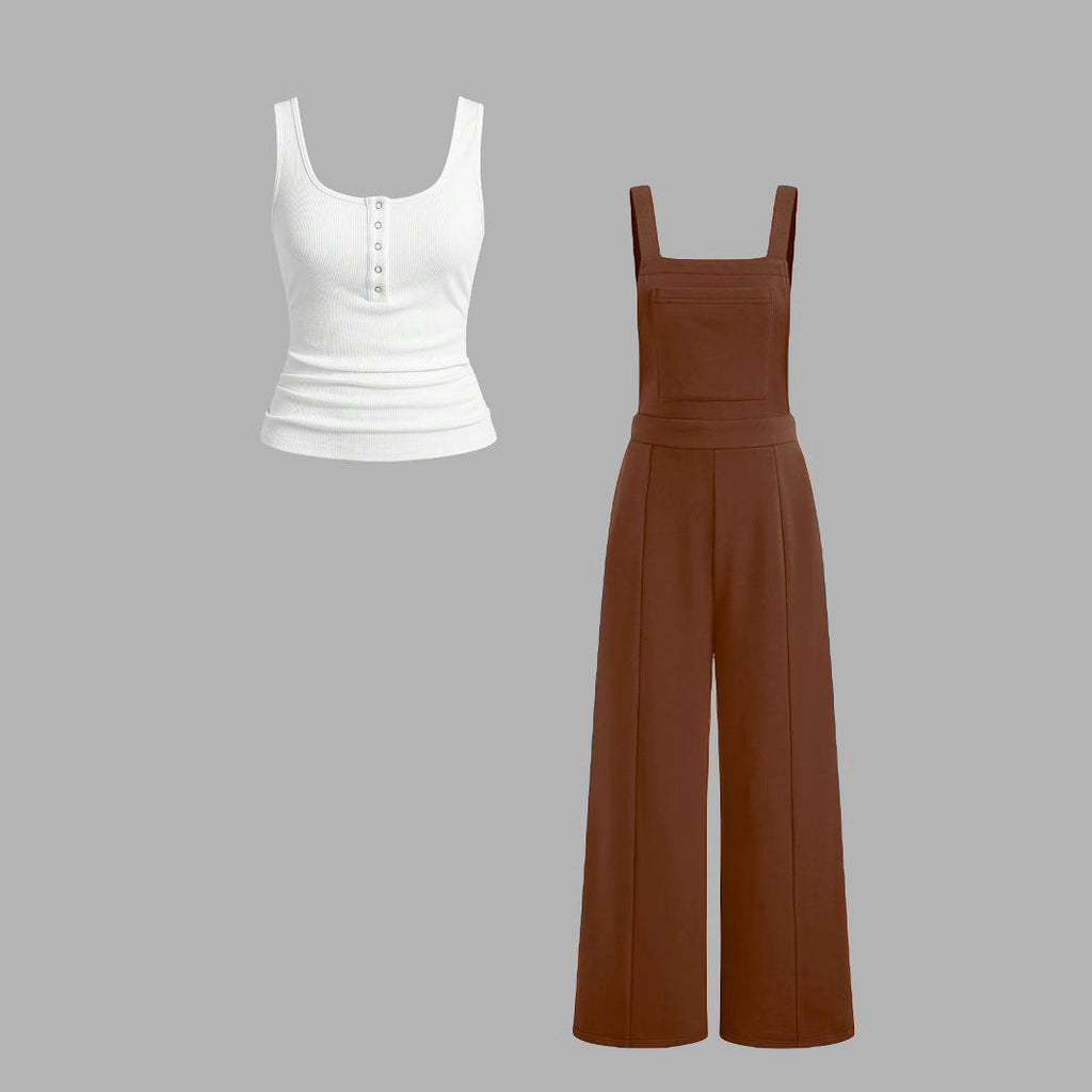 Women's Casual Tank Top and Wide-Leg Overalls Set