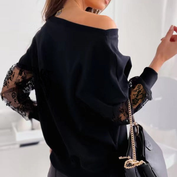 Elegant Sweater with Sheer Lace Sleeves and Asymmetric Neckline