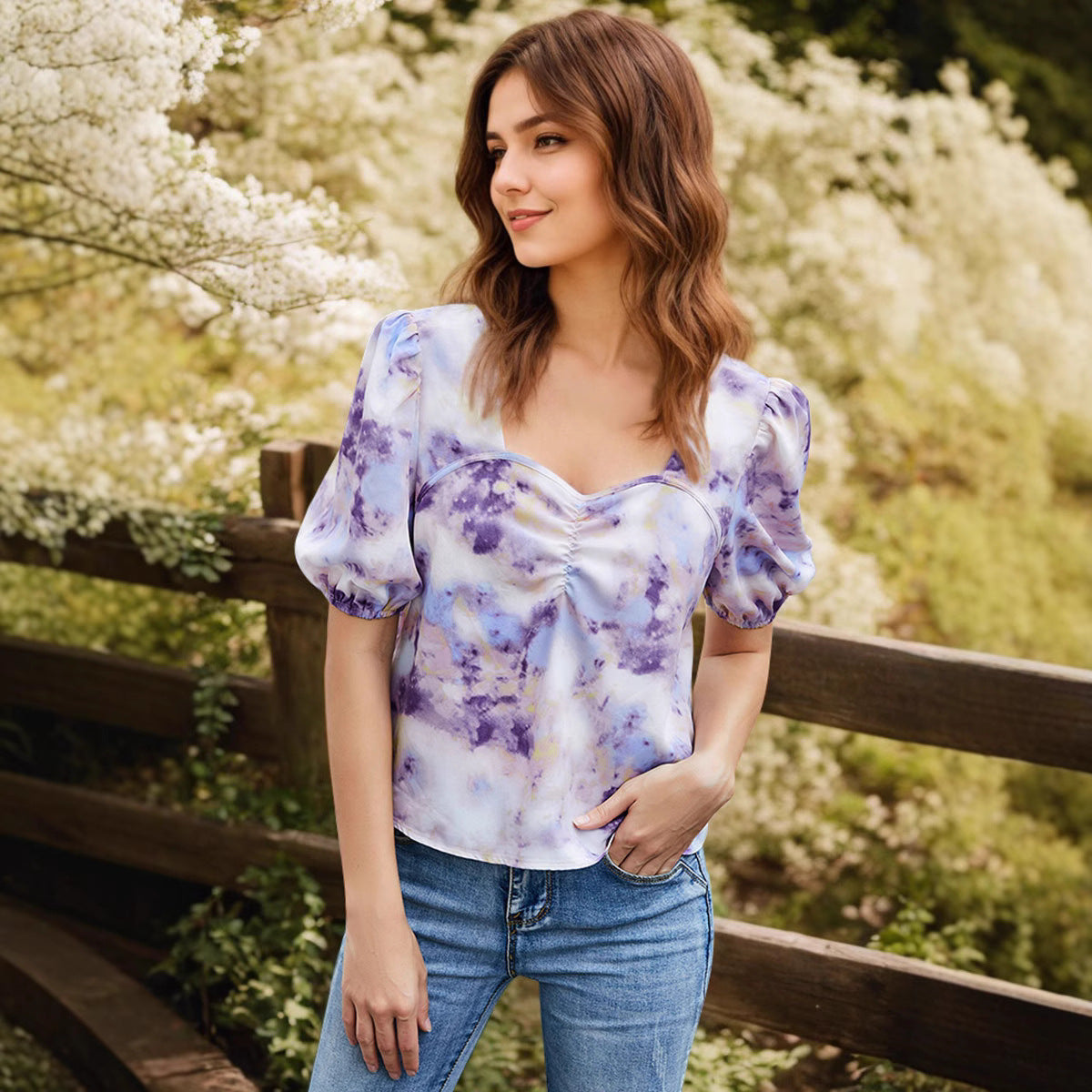 Women's Blouse with Puff Sleeves and Floral Details