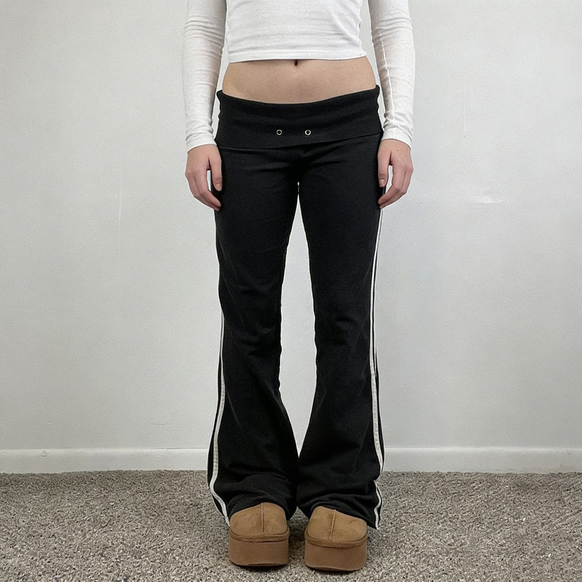 Women's Flowy Palazzo Trousers with High Waist and Decorative Eyelets
