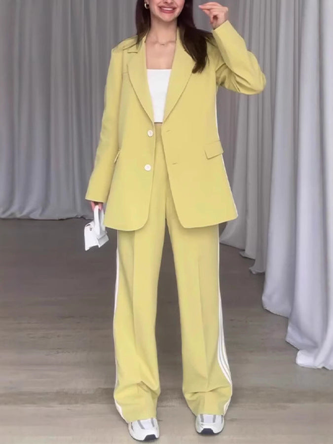 Women's Fashionable Blazer and Pants Set with Contrast Stripes
