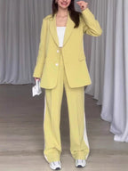 Women's Fashionable Blazer and Pants Set with Contrast Stripes
