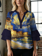 Casual Blouse with Ruffle Sleeves and Botanical Print