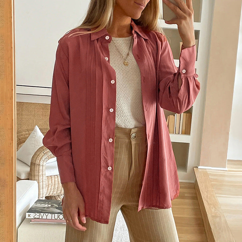 Women's Blouse with Elegant Pleated Texture and Semi-High Collar