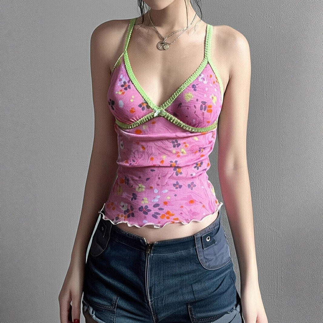 Women's Floral Spaghetti Strap Top with Ruffle Details