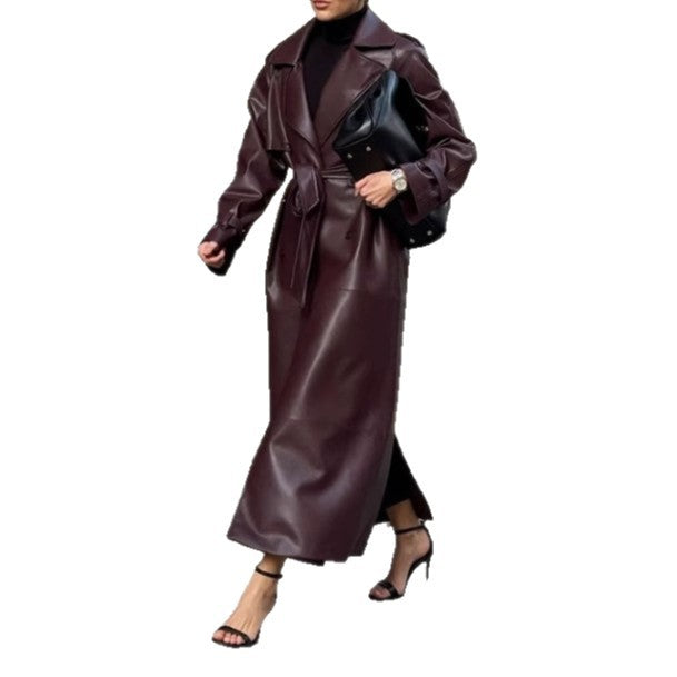 Women's Elegant Faux Leather Trench Coat with Belt and Pockets