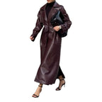 Women's Elegant Faux Leather Trench Coat with Belt and Pockets