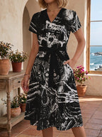 Women's Floral Midi Dress with Adjustable Belt