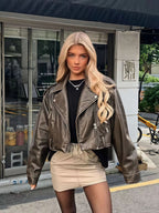 Women's Cropped Faux Leather Jacket with Asymmetrical Zipper