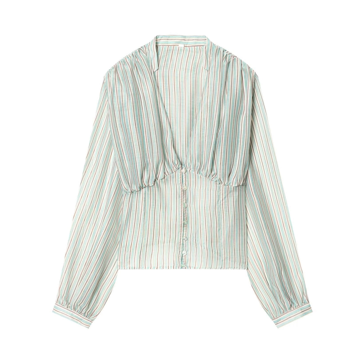 Women's Blouse with Deep V-Neck and Ruffle Details