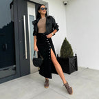 Women's Midi Skirt with Side Slit and Button Detail