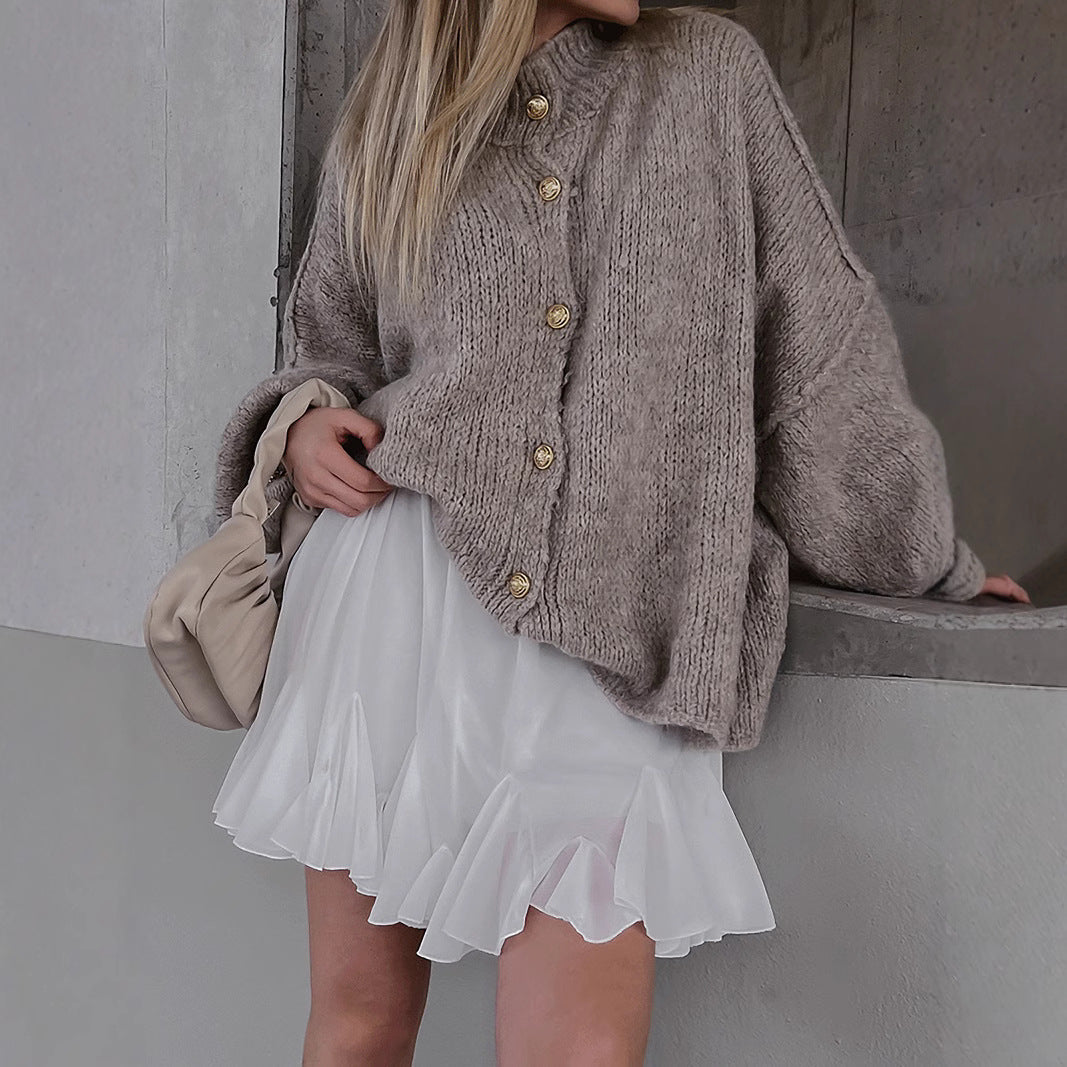 Women's Cozy Knit Coat with Voluminous Sleeves