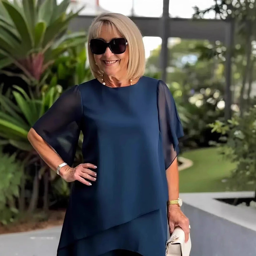 Elegant Ensemble with Flowing Top and Wide-Leg Trousers