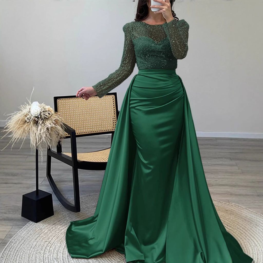 Women's Evening Dress with Sequined Bodice and Satin Skirt