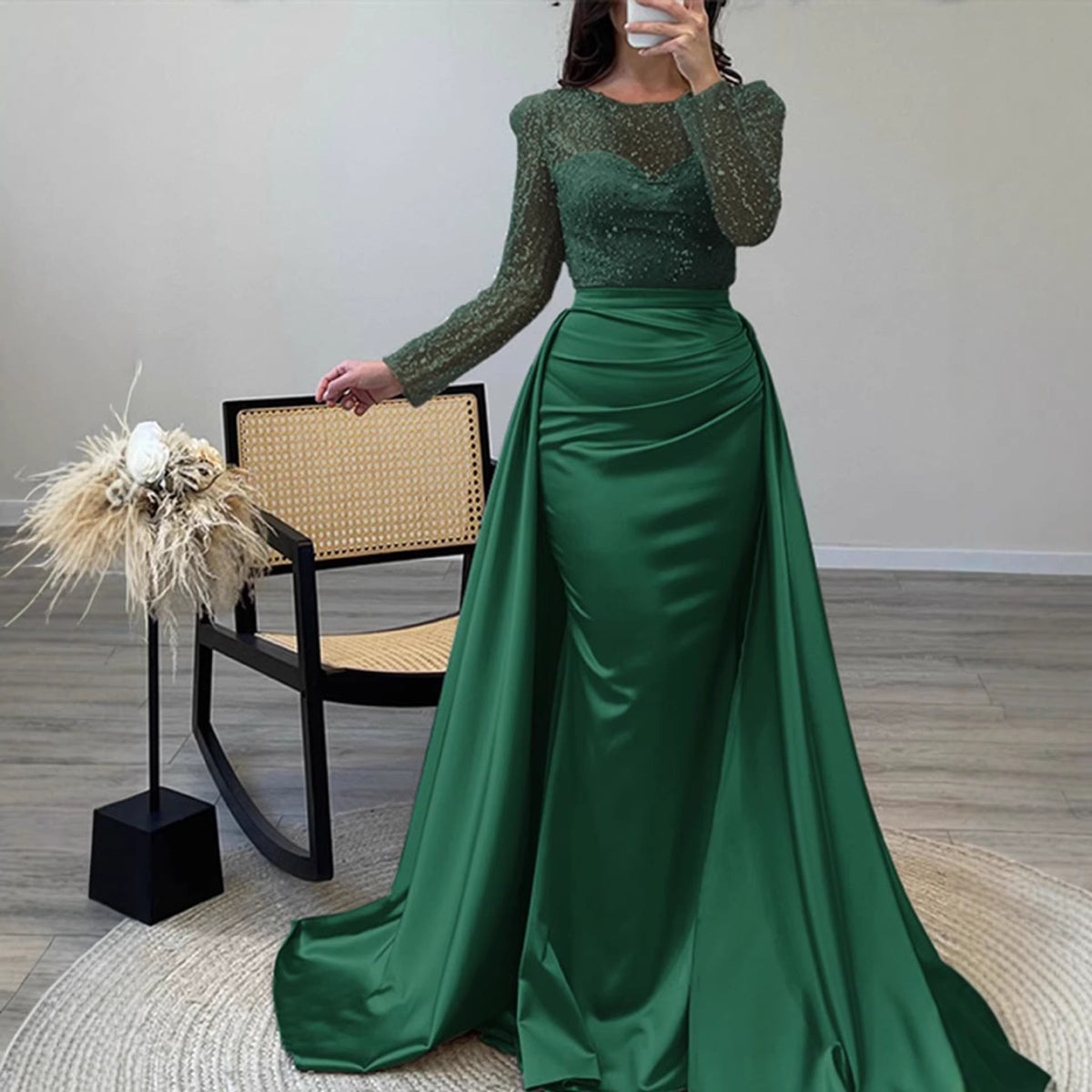 Women's Evening Dress with Sequined Bodice and Satin Skirt