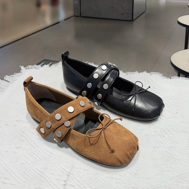 Women's Suede Ballet Flats with Fashionable Strap Design and Stylish Press Studs