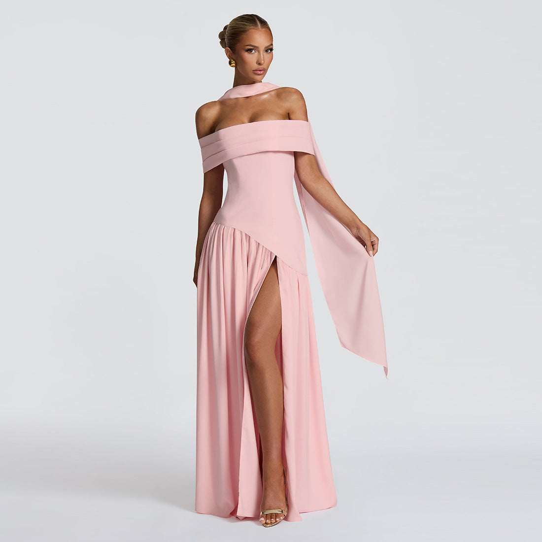Women's Evening Dress with Chic Off-Shoulder Design and High Slit