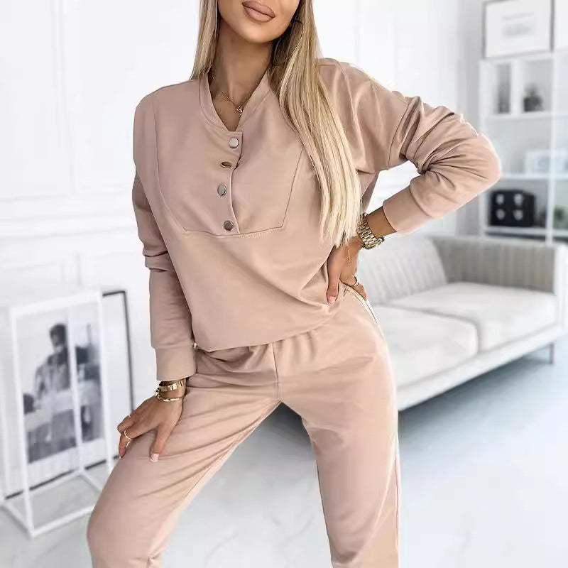 Women's Leisure Suit with Fashionable Button Details and Elastic Waist