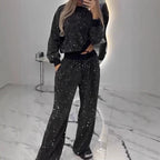 Women's Glitter Leisure Set with Cropped Sweater and Comfortable Pants
