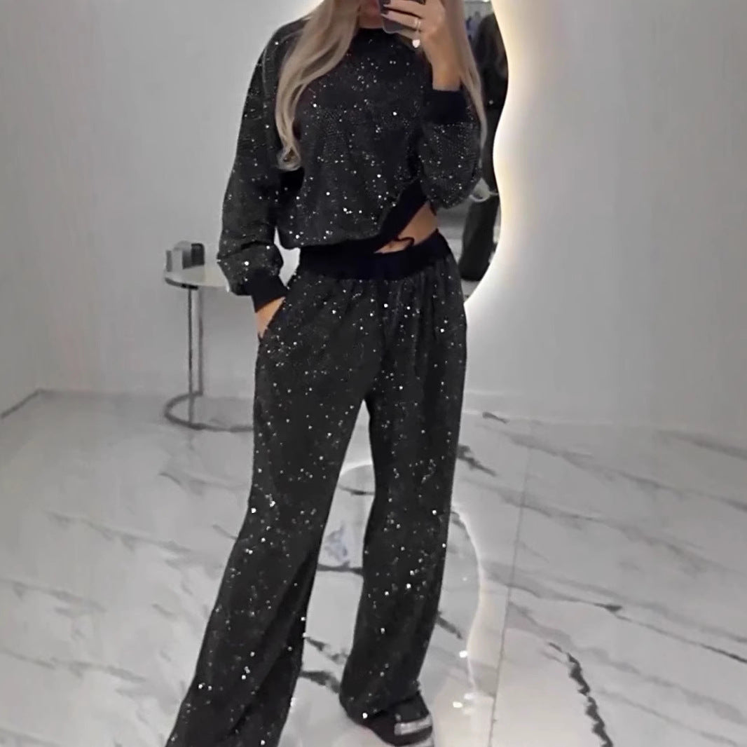 Women's Glitter Leisure Set with Cropped Sweater and Comfortable Pants