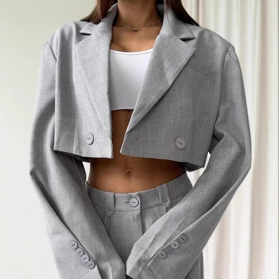 Women's Fashionable Two-Piece Suit with Cropped Blazer and Wide Waistband