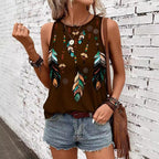 Sleeveless Top with Colorful Feather and Floral Print