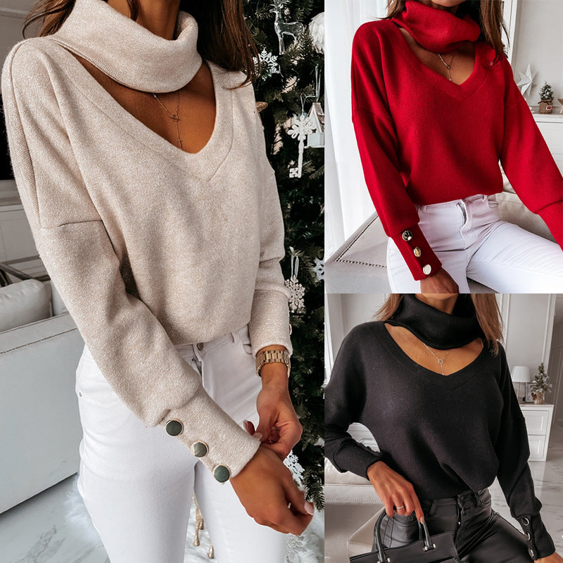 Women's Glamorous Knit Sweater with Mock Neck and Button Details