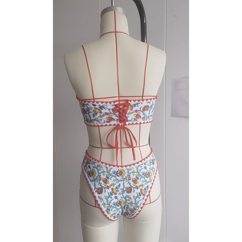 Women's Floral Bandeau Bikini with Ruffle Hem
