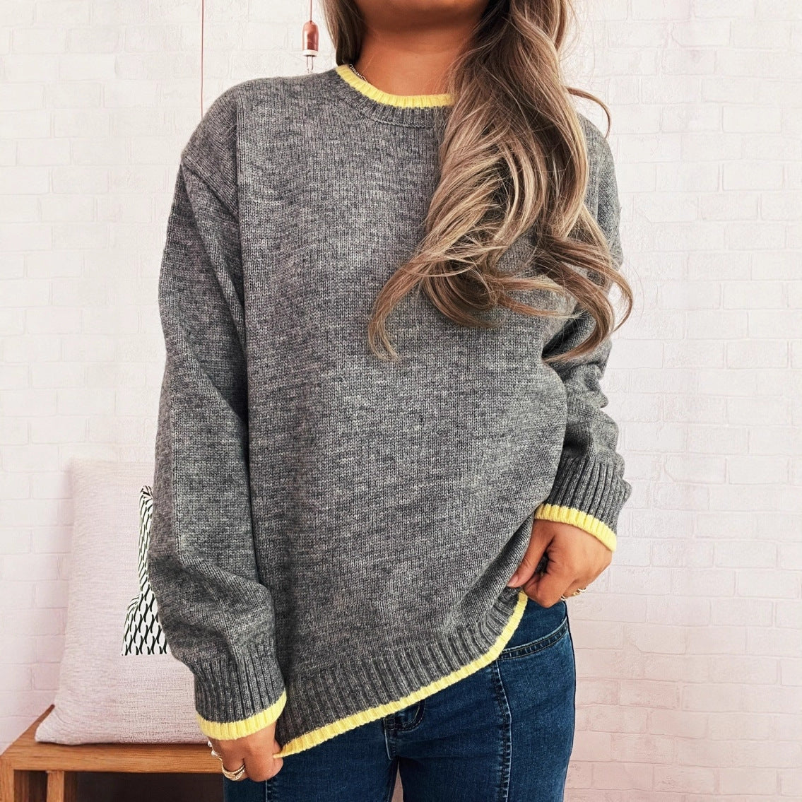 Women's Cozy Knit Sweater with Contrast Cuffs and Casual Fit