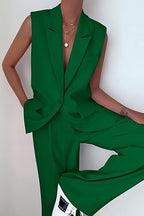 Women's Sleeveless Blazer Set with Wide-Leg Trousers