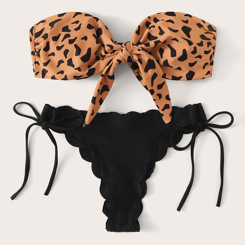 Women's Leopard Print Bandeau Bikini with Adjustable Bottoms