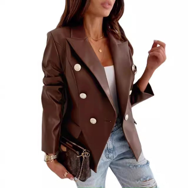 Women's Elegant Double-Breasted Faux Leather Blazer