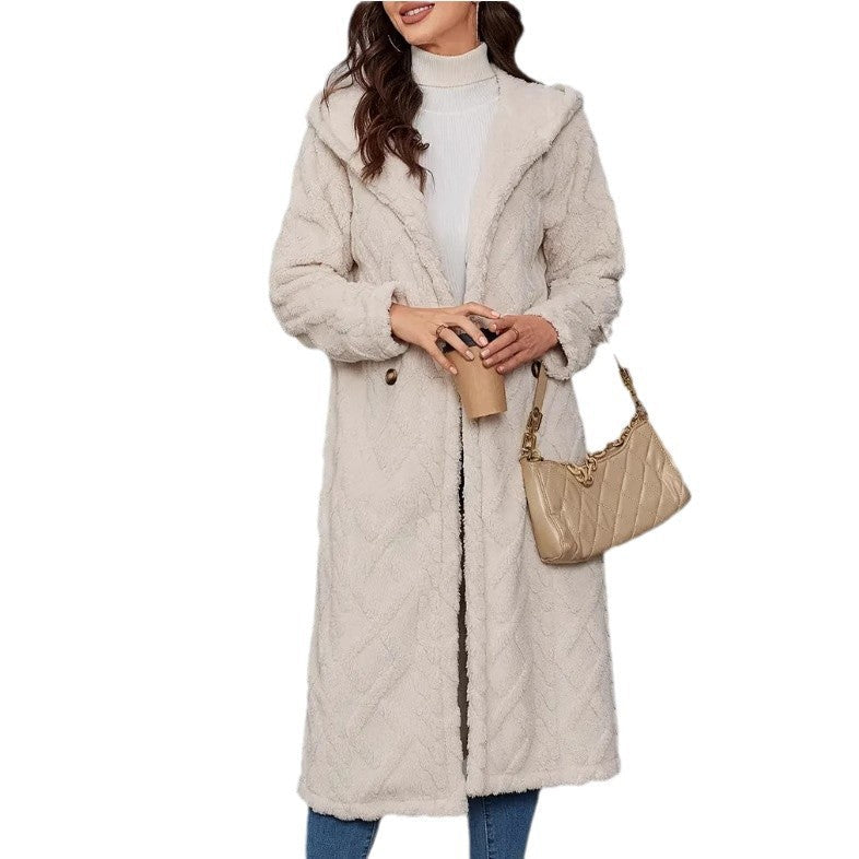 Women's Fluffy Coat with Hood and Button Closure