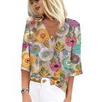 Women's Patterned Blouse with V-Neck and 3/4 Sleeves