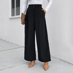 Women's Elegant High-Waisted Wide-Leg Trousers with Textured Fabric and Decorative Buttons