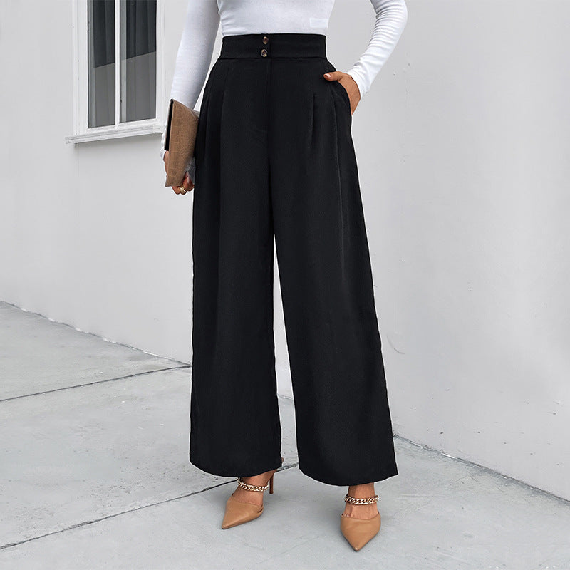 Women's Elegant High-Waisted Wide-Leg Trousers with Textured Fabric and Decorative Buttons