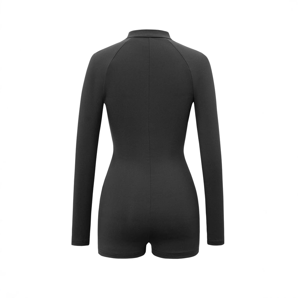 Women's Long-Sleeve Jumpsuit with Deep V-Neck and Practical Zipper