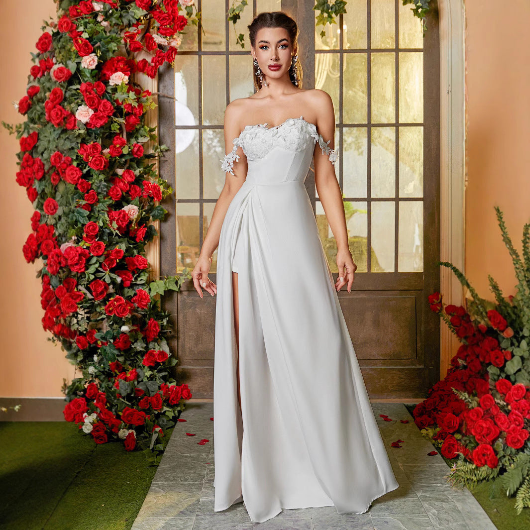 Women's Elegant Evening Dress with Off-Shoulder Sleeves and High Slit