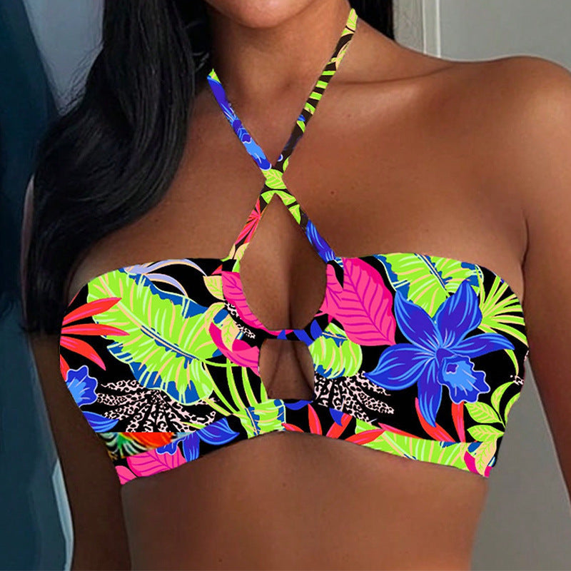 Women's Bandeau Bikini with Cut-Out and Leaf Print