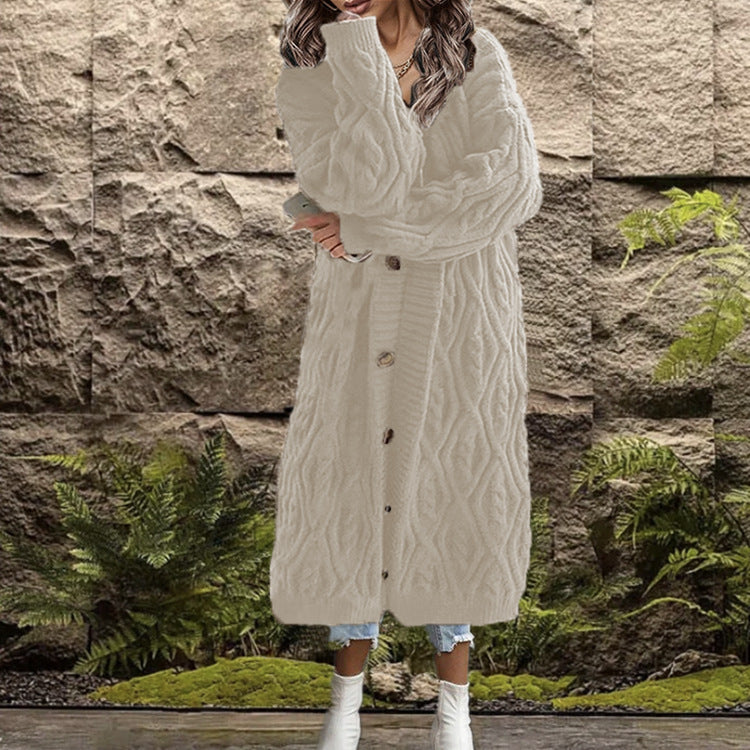 Women's Chunky Knit Coat with Elegant Cable Knit Structure and Buttons
