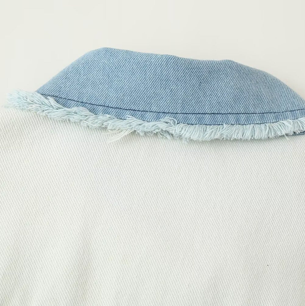 Women's Cropped Denim Jacket with Contrast Pockets and Frayed Hem