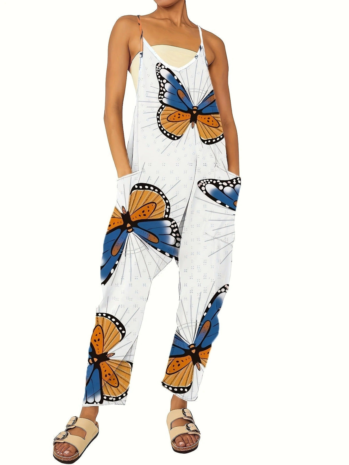 Women's Butterfly Print Jumpsuit with Pockets