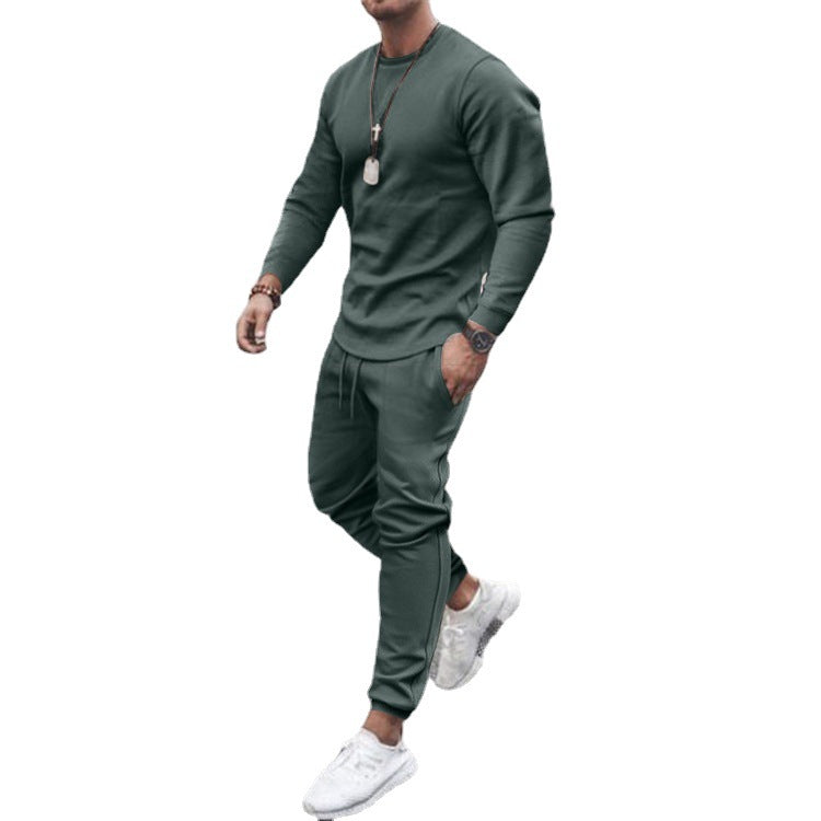 Men's Casual Crew Neck Training Set made of Stretch Cotton Blend with Drawstring Joggers