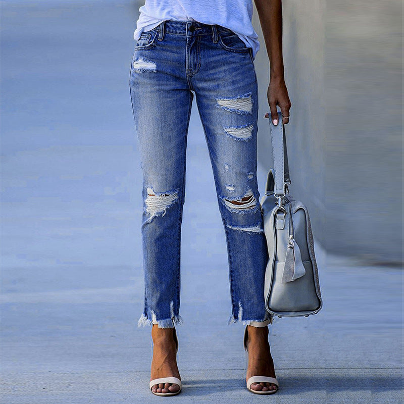Women's Distressed Jeans with Frayed Hems