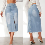Women's Denim Midi Skirt with High Slit and Frayed Hem