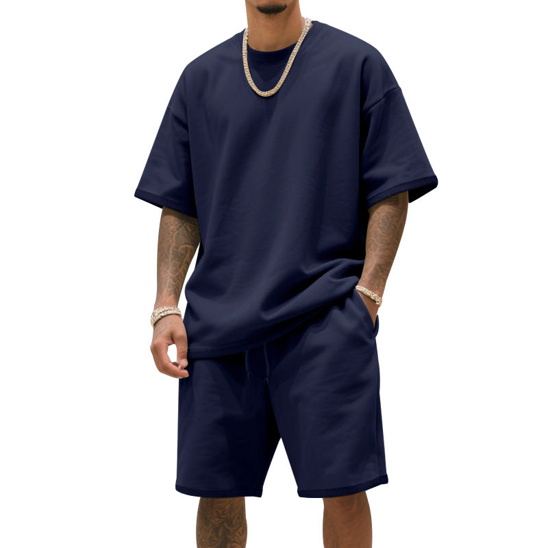 Men's relaxed jersey set with extended round neck t-shirt and elastic drawstring shorts
