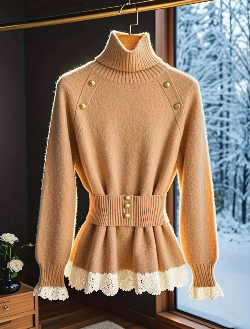 Elegant High-Neck Knit Sweater with Decorative Buttons