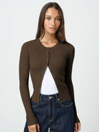 Women's Form-Fitting Knit Cardigan with Button Placket and Long Sleeves